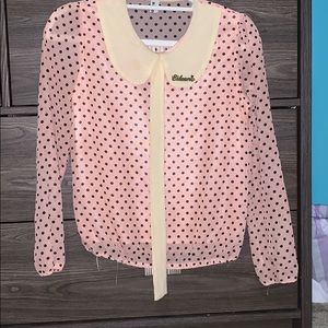 Pinkish cream blouse with black polka dots